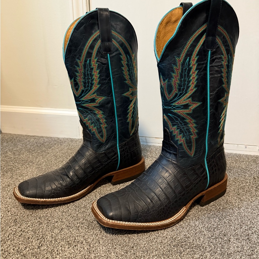 Macie Bean Black and Brown Cowboy Boots with Turquoise Stitching